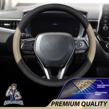 Steering Wheel Cover - Perforated Leather & Velour Fabric Beige Leather & Fabric